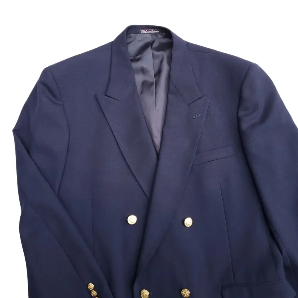 VTG Stafford Blue Wool Blend Gold Button Double Breasted Jacket Sport Coat 44L